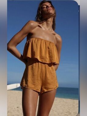 Princess Polly Strapless Ruffle Romper in Mustard Yellow/Gold!